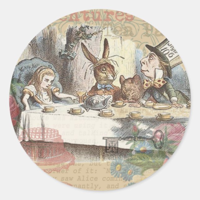 Alice in Wonderland Mad Tea Party Art Classic Round Sticker (Front)