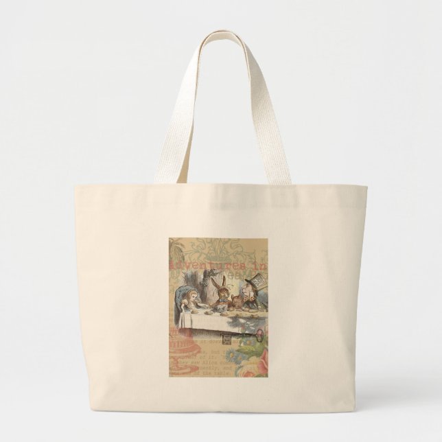 Alice in Wonderland Mad Tea Party Art Large Tote Bag (Front)
