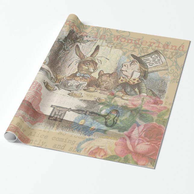 Alice in Wonderland Mad Tea Party Art Wrapping Paper (Unrolled)