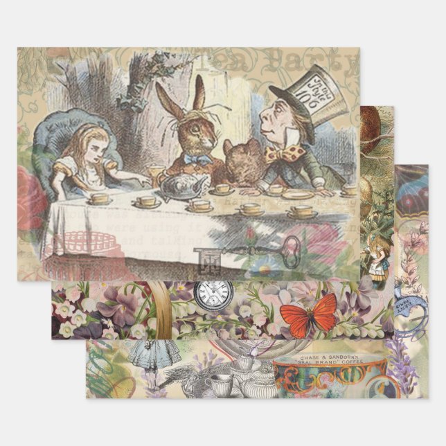 Alice in Wonderland Mad Tea Party Art Wrapping Paper Sheet (Set)