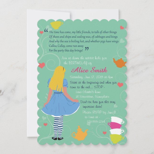 Alice in wonderland mad tea party birthday invites (Front)