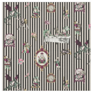 Alice in Wonderland on Black and Cream Striped  Fabric