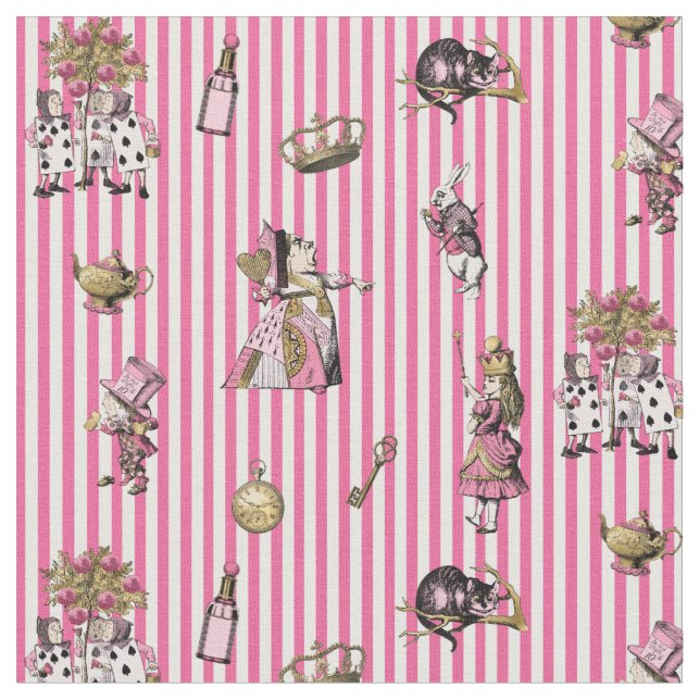 Alice in Wonderland on sweet pink/white striped Fabric (Close Up)