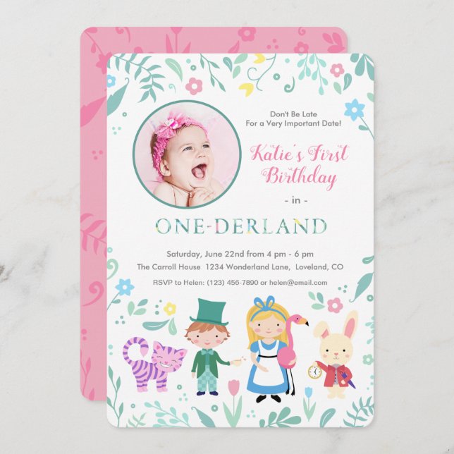 Alice in Wonderland | One-derland first Birthday Invitation (Front/Back)