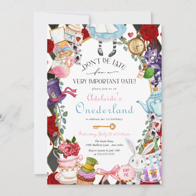 Alice in Wonderland - Onederland First Birthday  I Invitation (Front)