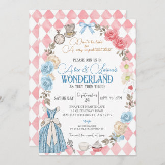 Alice in Wonderland Party, Twins 3rd Birthday Tea Invitation