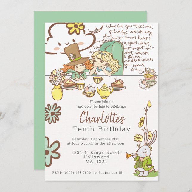 Alice in Wonderland Personalised Party Invitation (Front/Back)