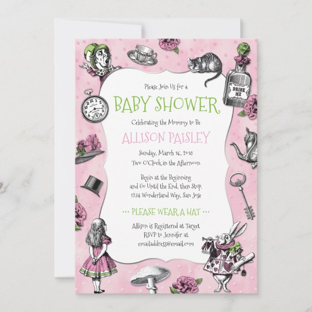 Alice in Wonderland Pink Baby Shower Invitation (Front)