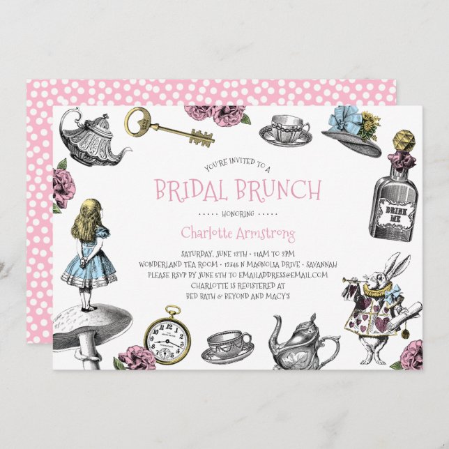 Alice in Wonderland Pink Bridal Brunch Invitation (Front/Back)