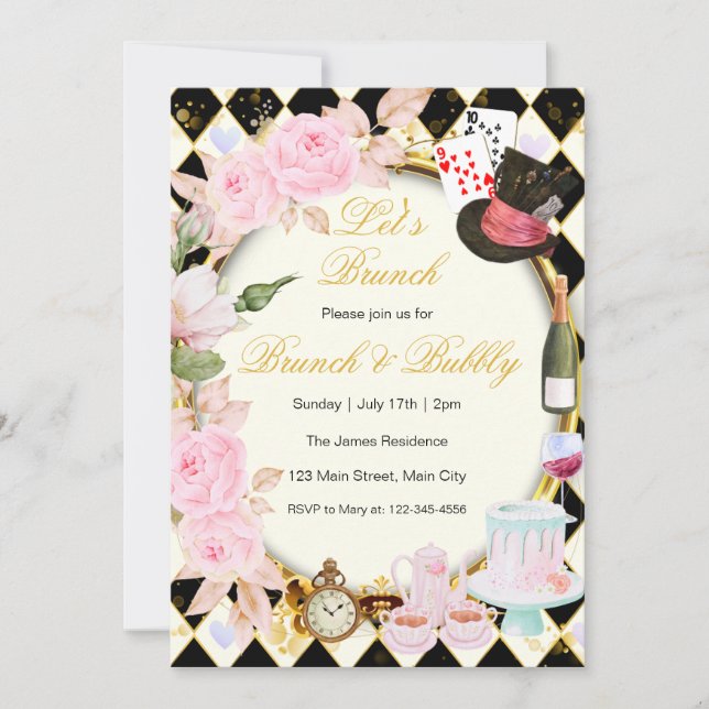 Alice In Wonderland Pink Floral Brunch Invitation (Front)