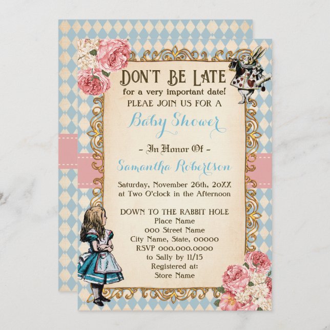 Alice in Wonderland Pink Flowers Baby Shower Invitation (Front/Back)