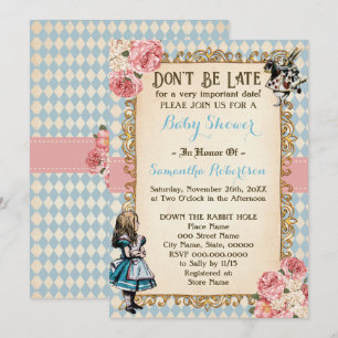 Alice in Wonderland Pink Flowers Baby Shower Invitation