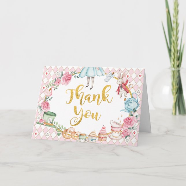 Alice in Wonderland Pink Gold Birthday Tea Party Thank You Card (Front)