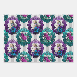 Alice in Wonderland Purple Green Frames Wrapping Paper Sheet