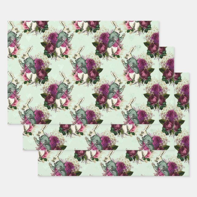 Alice in Wonderland Rabbit Green Wrapping Paper Sheet (Set)