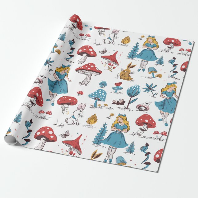Alice in Wonderland Rabbit Red Mushroom  Wrapping Paper (Unrolled)
