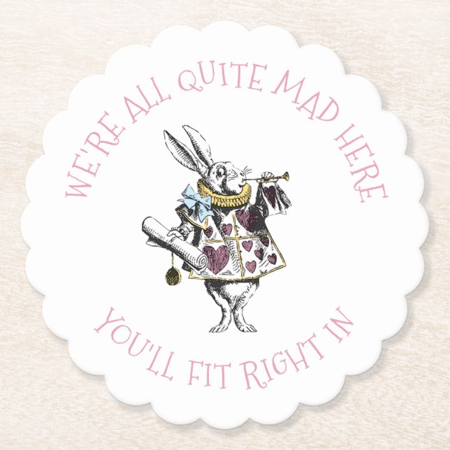 Alice in Wonderland Rabbit with Mad Quote Paper Coaster (Front)