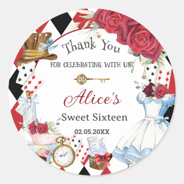 Alice in Wonderland Red Floral Birthday Tea Party Classic Round Sticker ...