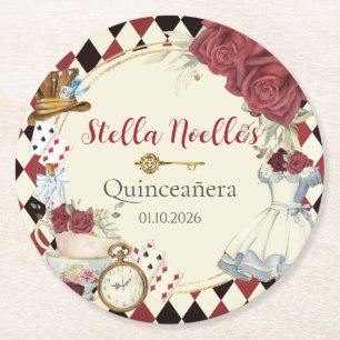 Alice in Wonderland Red Floral Birthday Tea Party Round Paper Coaster