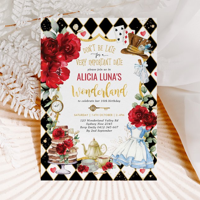 Alice in Wonderland Red Floral Mad Tea Birthday  Invitation (Creator Uploaded)