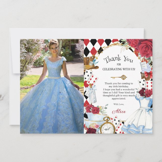Alice in Wonderland Roses Birthday Tea Party Photo Thank You Card (Front)
