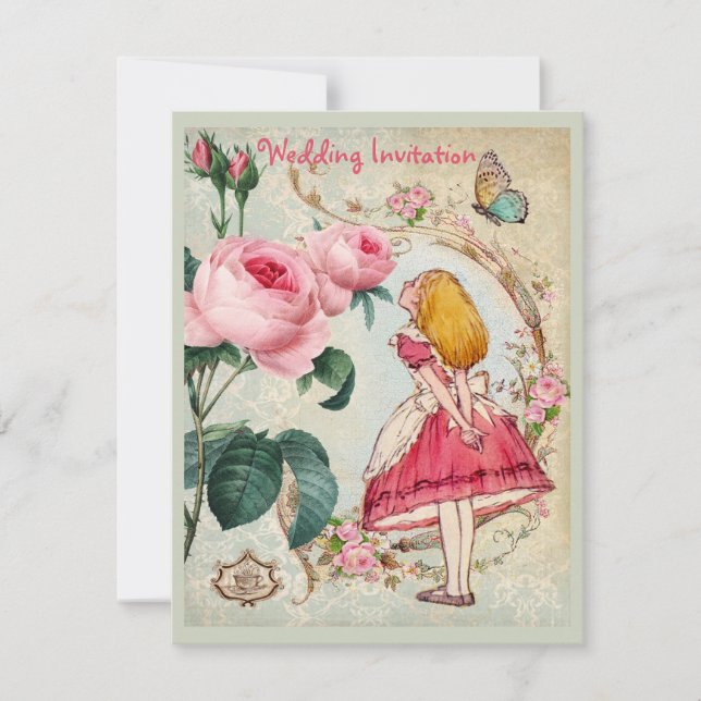 Alice in Wonderland Roses Collage Wedding Invites (Front)