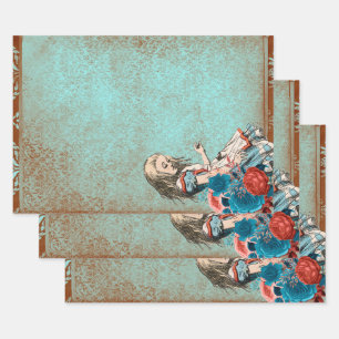 Alice in Wonderland Rusty Turquoise Floral Craft Wrapping Paper Sheet