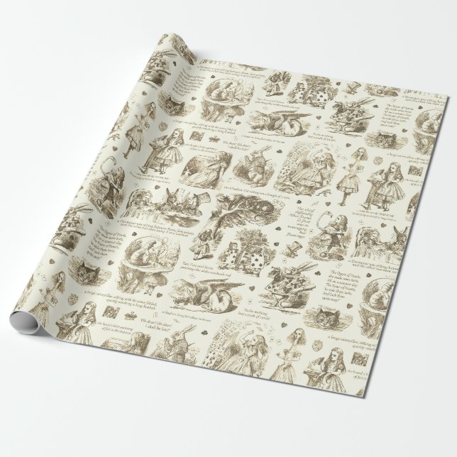 Alice in Wonderland Sepia Beige Toile Quotes Wrapping Paper (Unrolled)