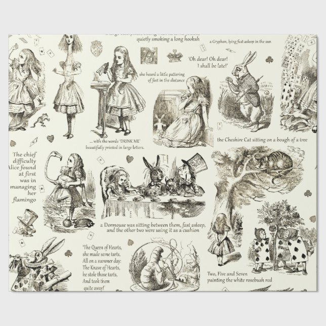 Alice in Wonderland Sepia Beige Toile Quotes Wrapping Paper (Seam)