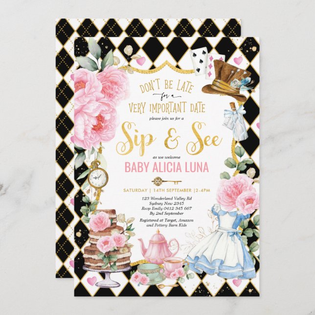 Alice in Wonderland Sip & See Tea Party Baby Girl Invitation (Front/Back)