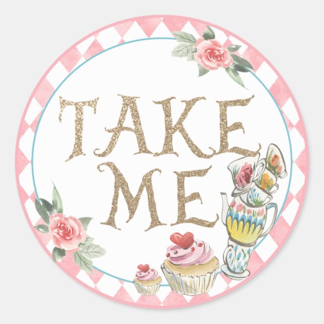 Alice in Wonderland Take Me Sticker Birthday Favou (Front)