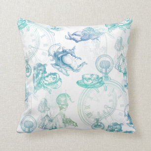 Alice in Wonderland Tea Blue Green Throw Pillow