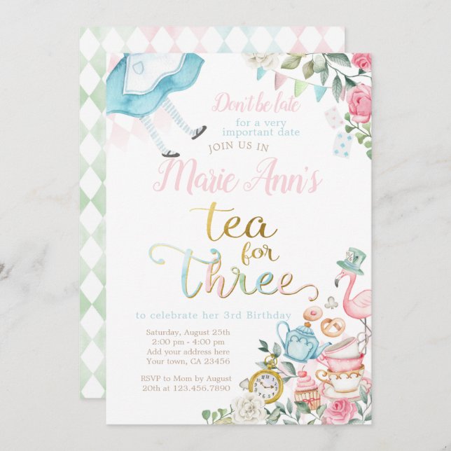 Alice in Wonderland, Tea for Three 3rd Birthday Invitation (Front/Back)