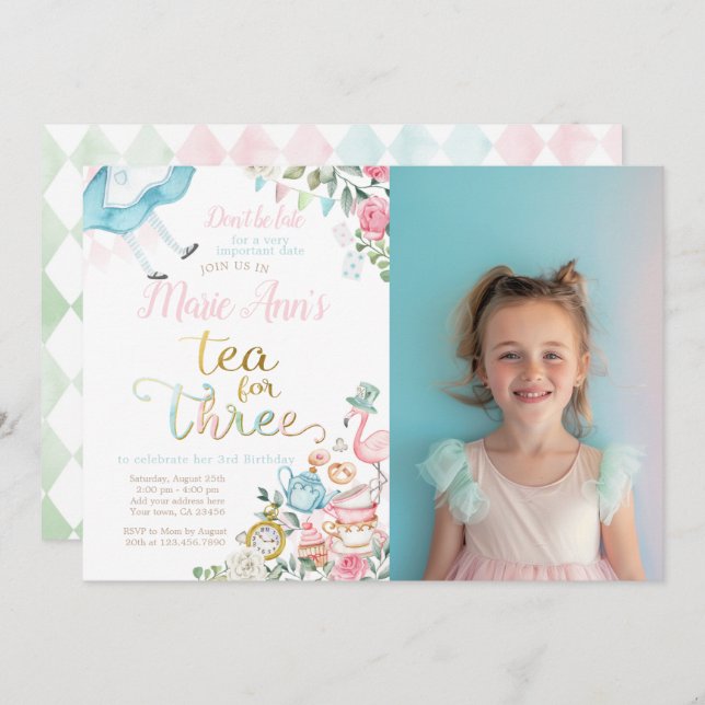 Alice in Wonderland, Tea for Three 3rd Birthday Invitation (Front/Back)