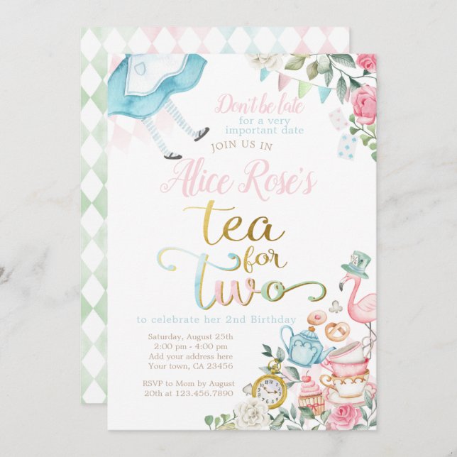 Alice in Wonderland, Tea for Two 2nd Birthday Invitation (Front/Back)