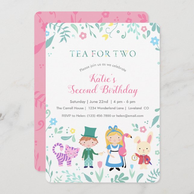 Alice in Wonderland Tea for Two Second Birthday Invitation (Front/Back)
