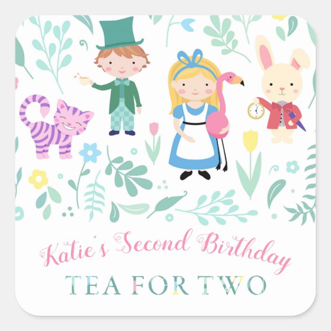 Alice in Wonderland Tea for Two Second Birthday Square Sticker (Front)