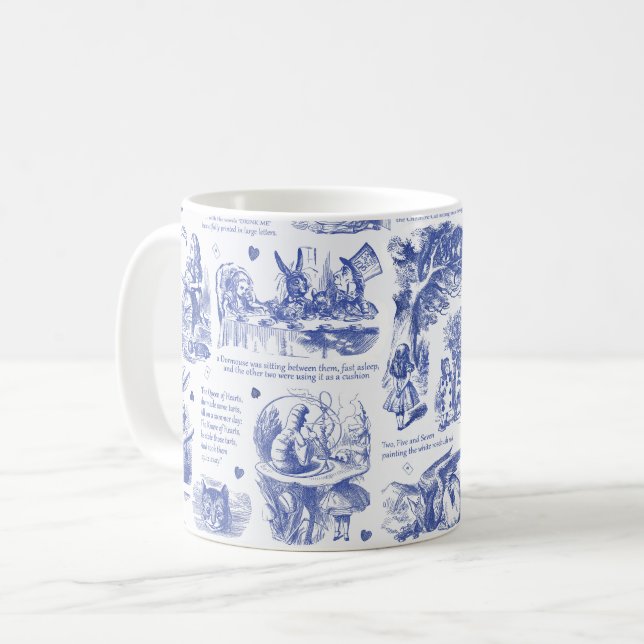 Alice in Wonderland Tea Party Blue Toile Quotes Coffee Mug (Front Left)