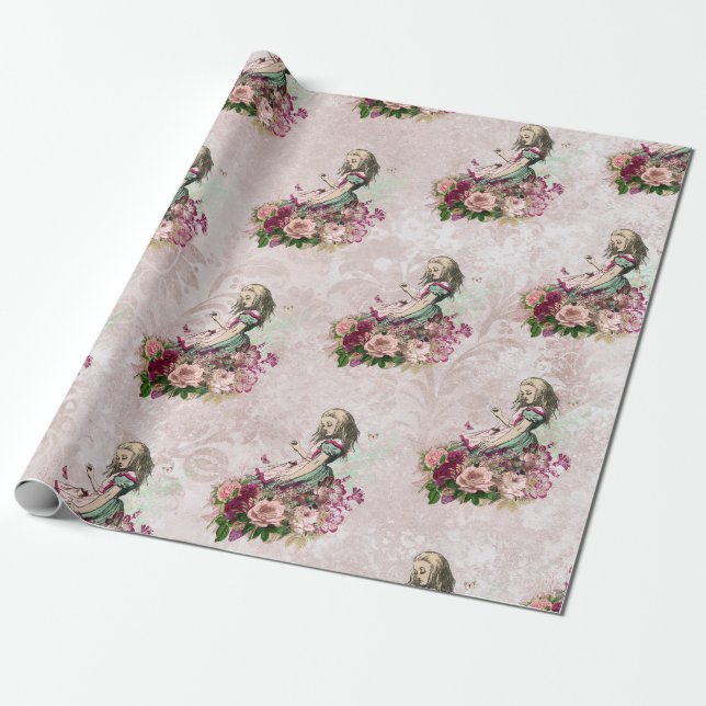 Alice in Wonderland Tea Party Burgundy & Blush Wrapping Paper (Unrolled)
