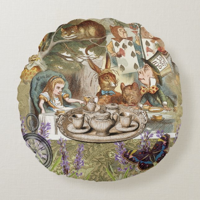 Alice in Wonderland Tea Party Guests Round Cushion (Front)
