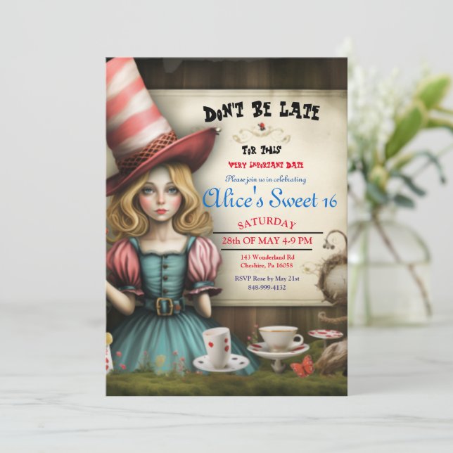 Alice In Wonderland Tea Party Sweet 16 Invitation (Standing Front)