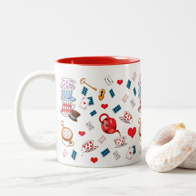 Alice in Wonderland Theme Pattern Two-Tone Coffee Mug (With Donut)