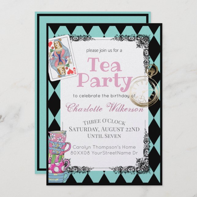 Alice in Wonderland Theme Tea Party in Teal Invitation (Front/Back)