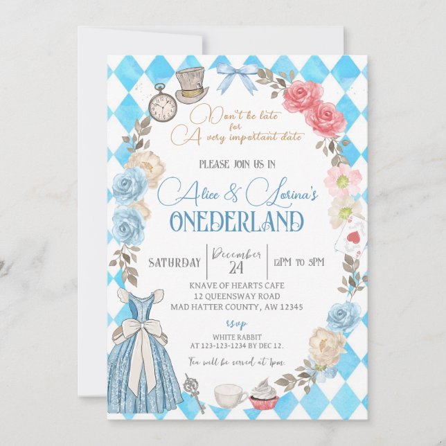 Alice in Wonderland, Twin Girls 1st Birthday Tea Invitation (Front)