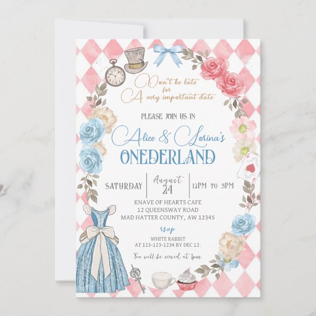 Alice in Wonderland, Twins Girls 1st Birthday Tea Invitation (Front)