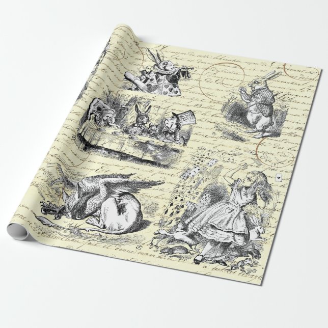 Alice in Wonderland Vintage Script Beige Wrapping Paper (Unrolled)