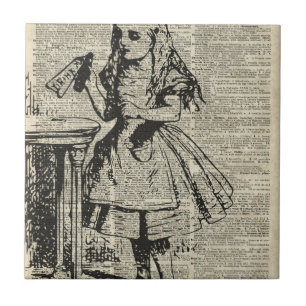 Alice in Wonderland Vintage Stencil on Old Page Tile