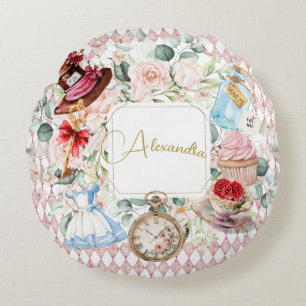 Alice In Wonderland Watercolor Floral Pink  Round Cushion