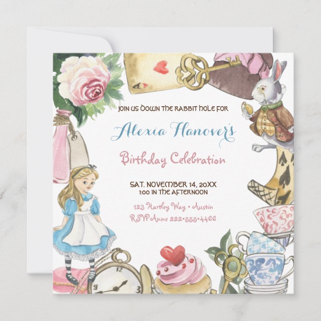 Alice in Wonderland Watercolor Hand Painted Rabbit Invitation (Front)