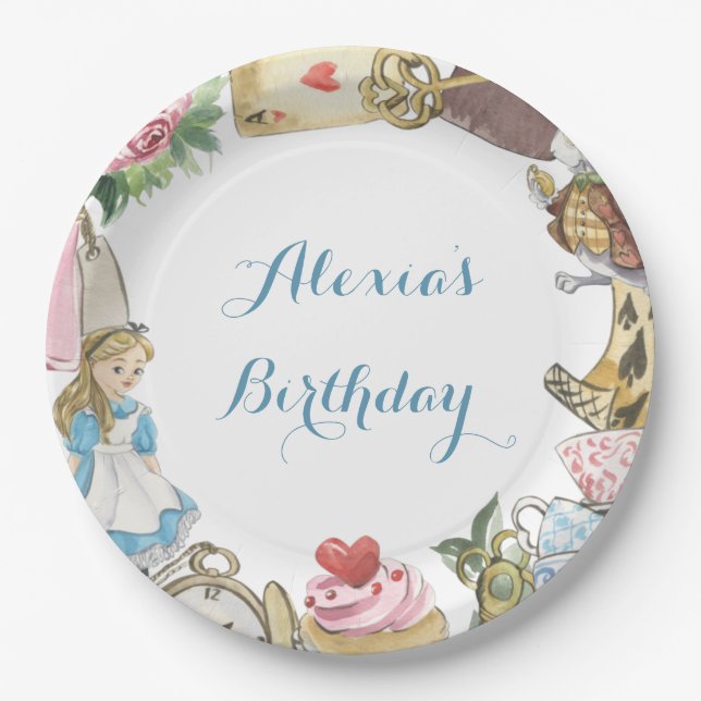Alice in Wonderland Watercolor Hand Painted Rabbit Paper Plate (Front)
